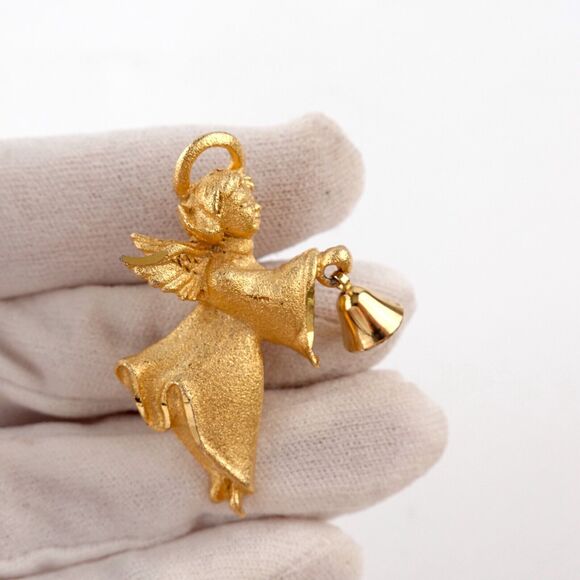 Vintage Gold Tone Cherub Angel Ringing Bell Brooch Pin - Picture 3 of 16